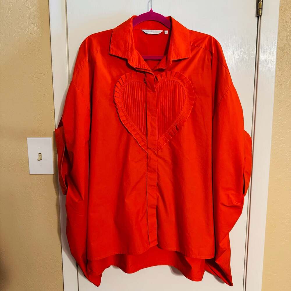Carla Rockmore Day-to-Day Appliqué Heart Shirt Orange L/XL Oversized 100% Cotton